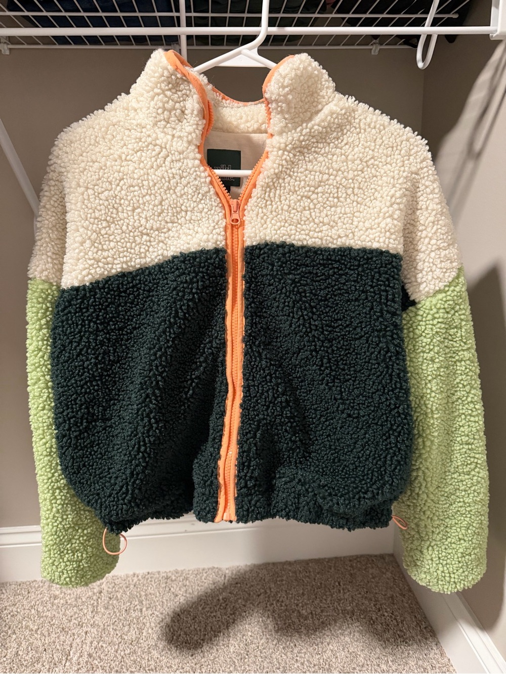 Colorblock Sherpa Zip Jacket in Cream, Forest Green & Lime